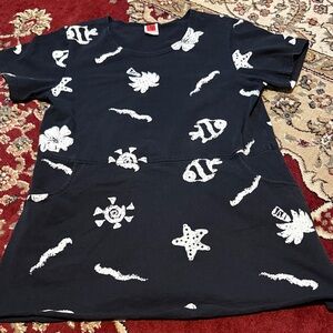 Black pocket Tee Dress with White Ocean Motif